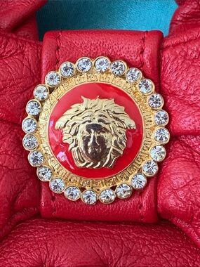 Vtg 80s genuine red leather bow GOLD Medusa Head Italy shoulder Handbag purse